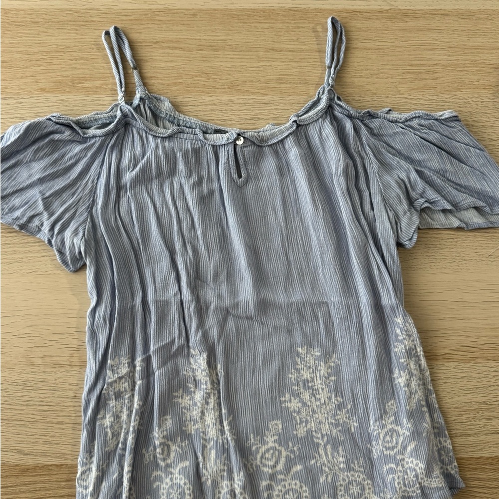 Women's Blue Top with Floral White Accents